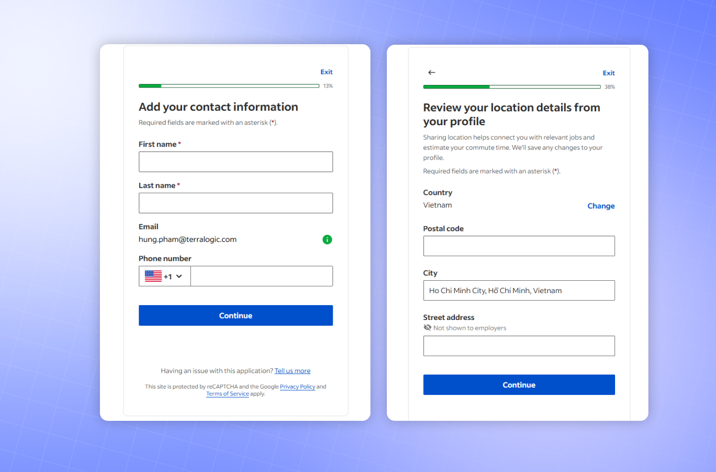 Form design showing related fields grouped into labeled sections like Contact Information and Location Details